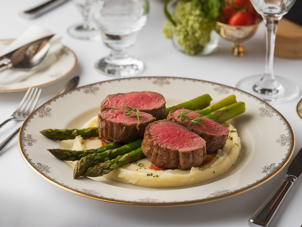 Filet medallions plated elegantly with a side of asparagus and mashed potatoes