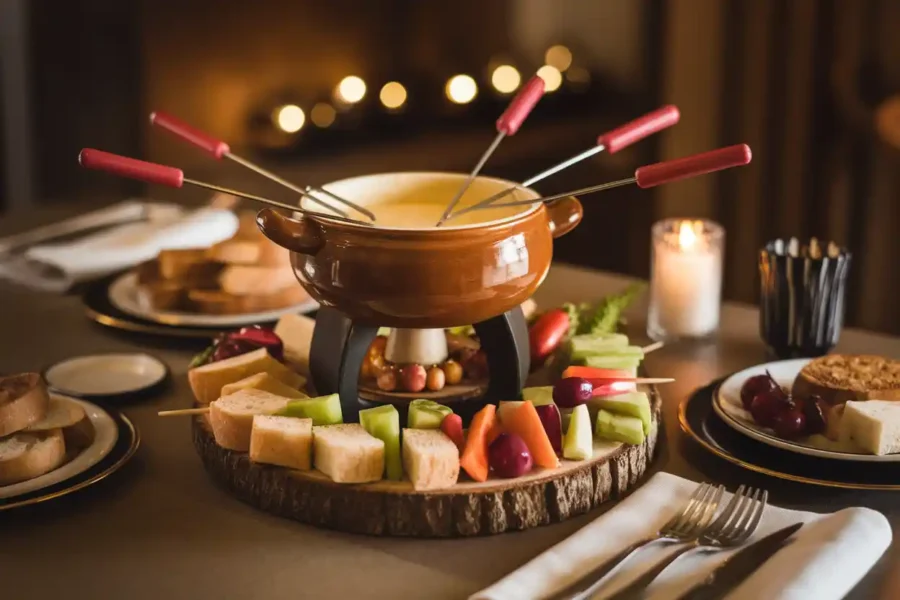 Fondue pot with melted Fontina cheese surrounded by dipping items