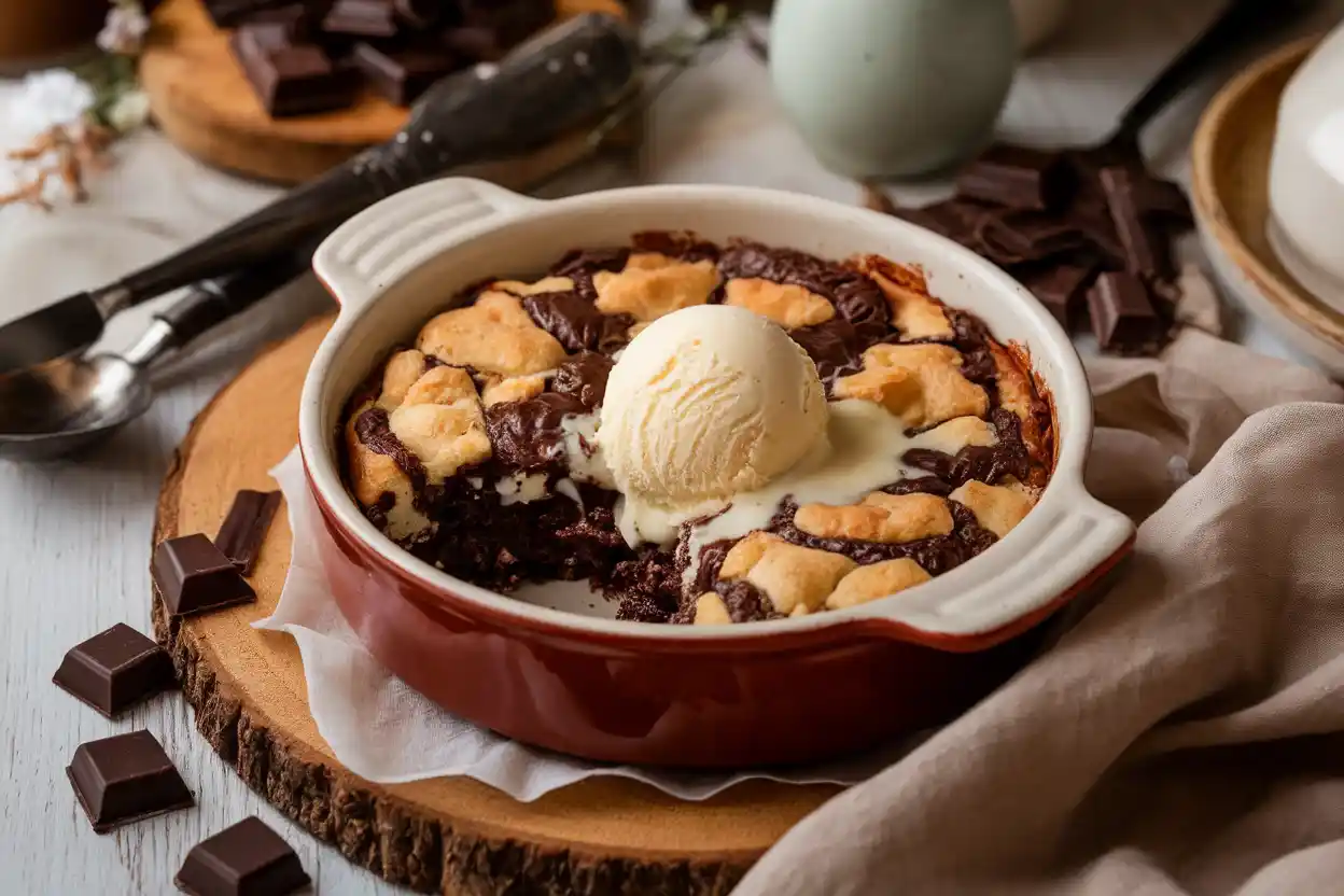 Warm chocolate cobbler with vanilla ice cream