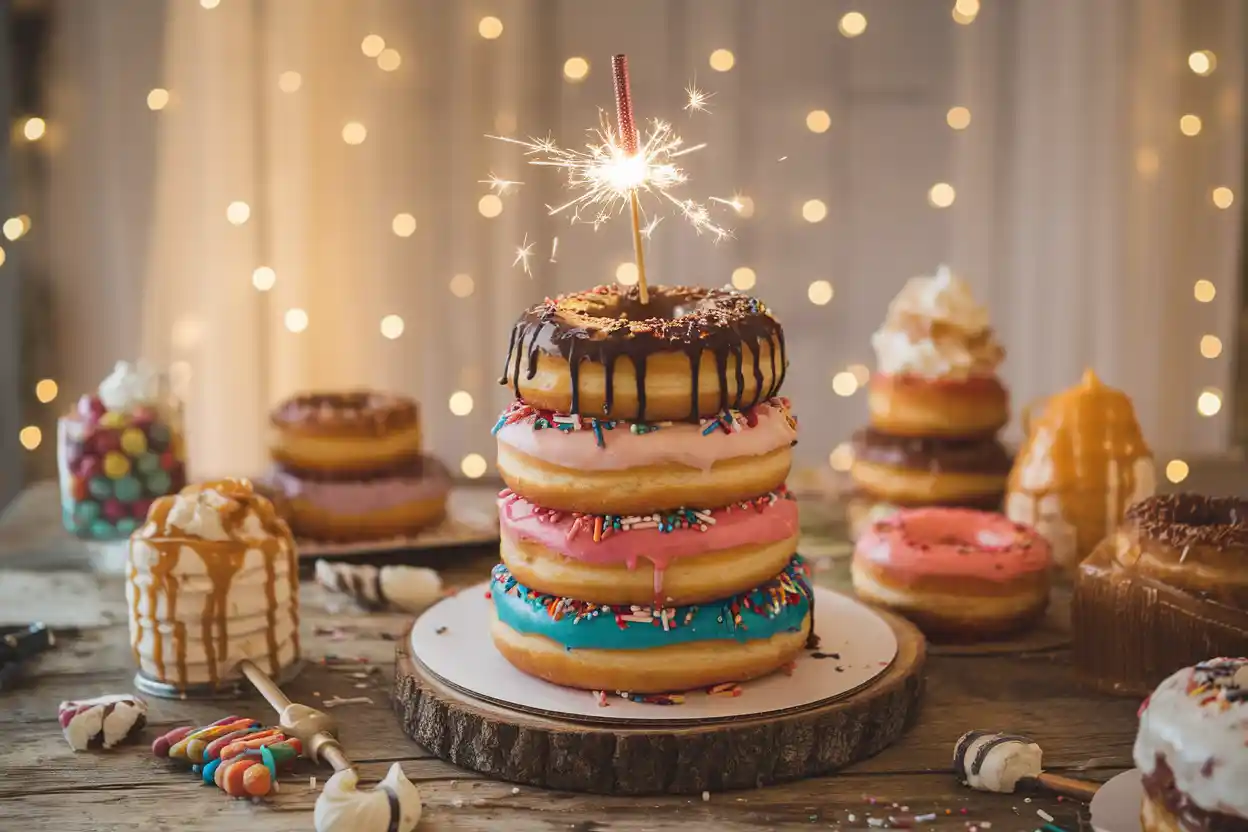 Colorful stacked donut cake with sprinkles and chocolate drizzle