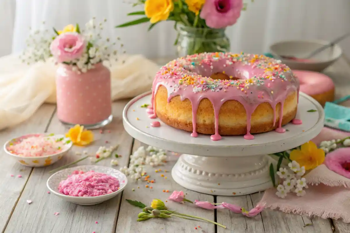 Donut cake topped with pink glaze and colorful sprinkles on a rustic table