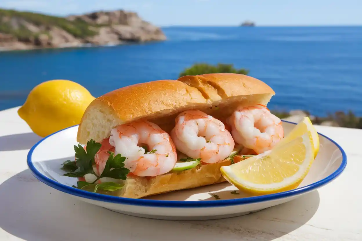 A freshly made shrimp roll on a plate with garnishes.