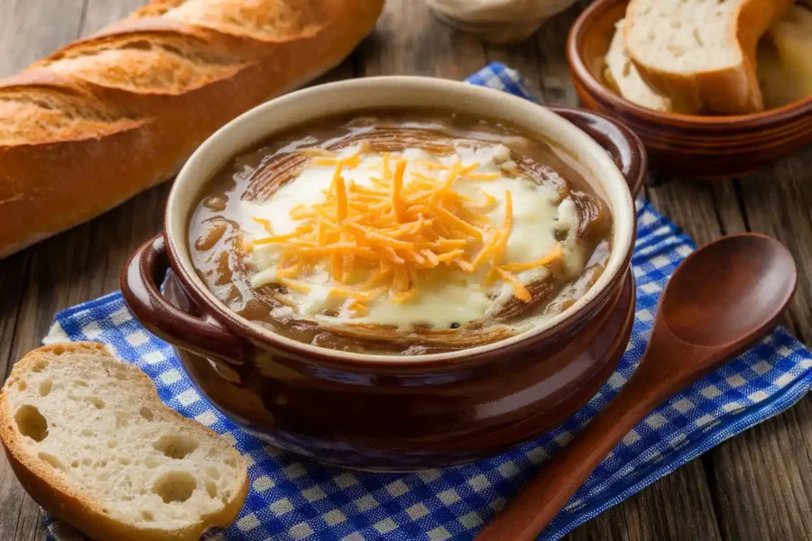 French onion soup topped with Gruyère cheese