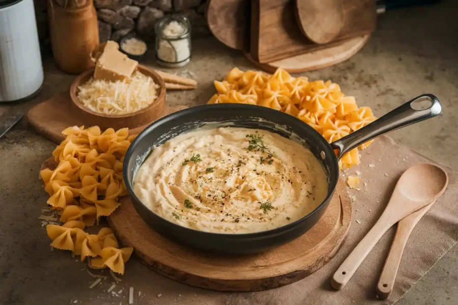 Creamy Fontina cheese sauce in a pan surrounded by pasta ingredients