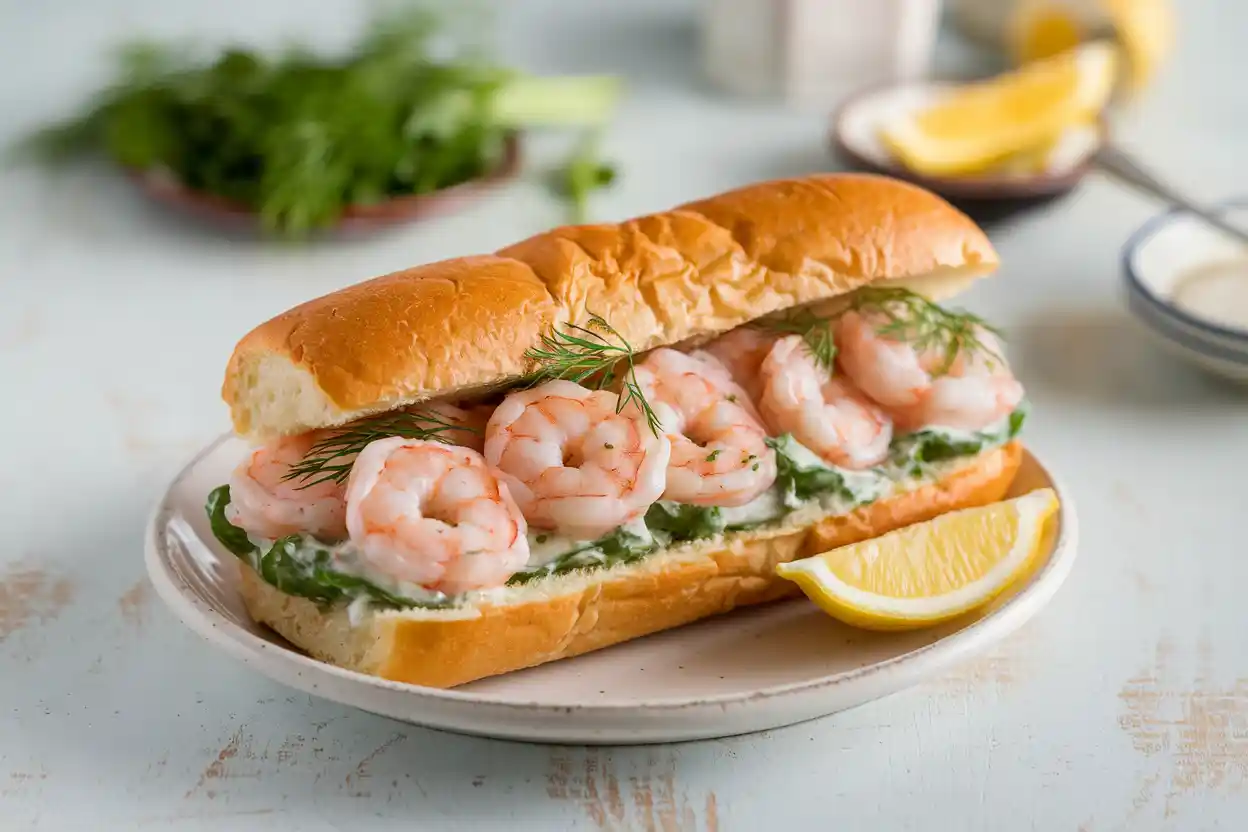 Classic shrimp roll with creamy dressing and fresh dill