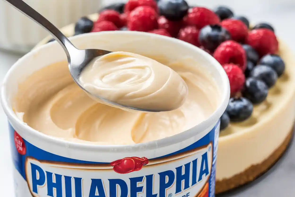 Philadelphia cream cheese filling tub with a spoon and cheesecake in the background.