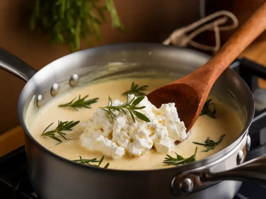 Cottage cheese stirred into a creamy sauce with herbs