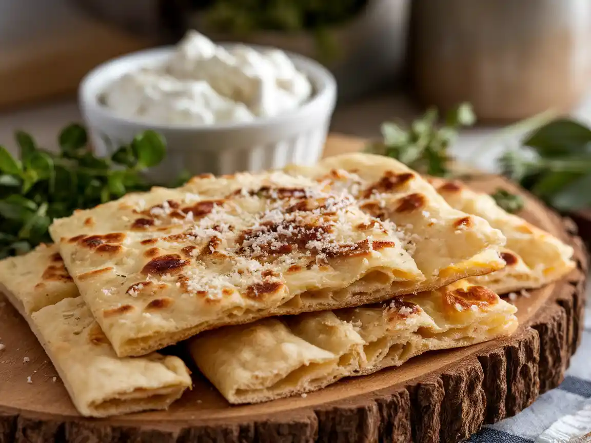 Crispy cottage cheese flatbread served with fresh herbs and cottage cheese on a wooden platter.