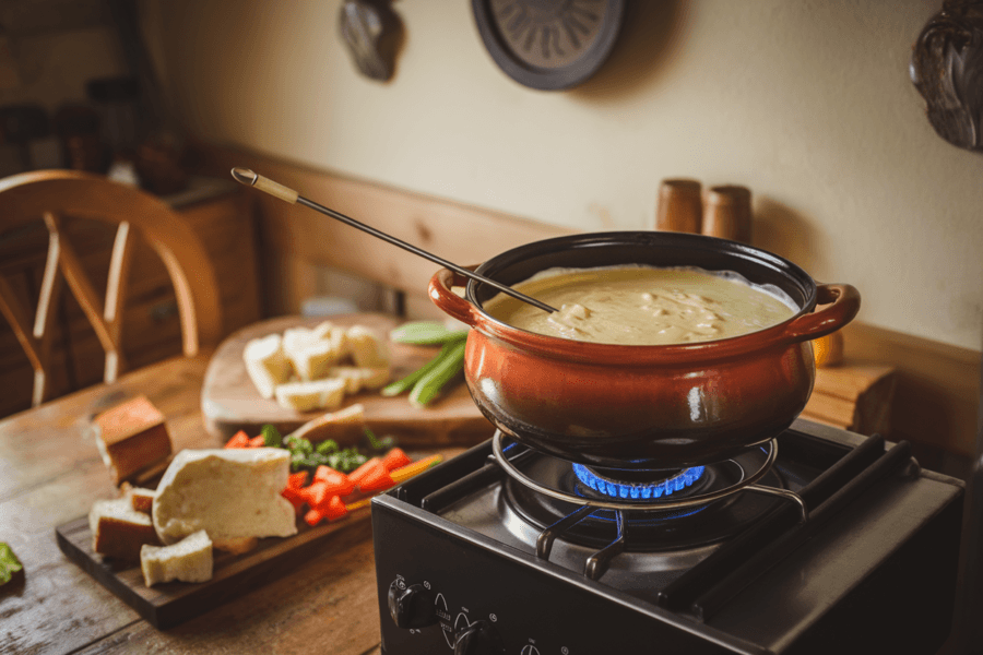 A pot of Fontina cheese fondue with bread and vegetables