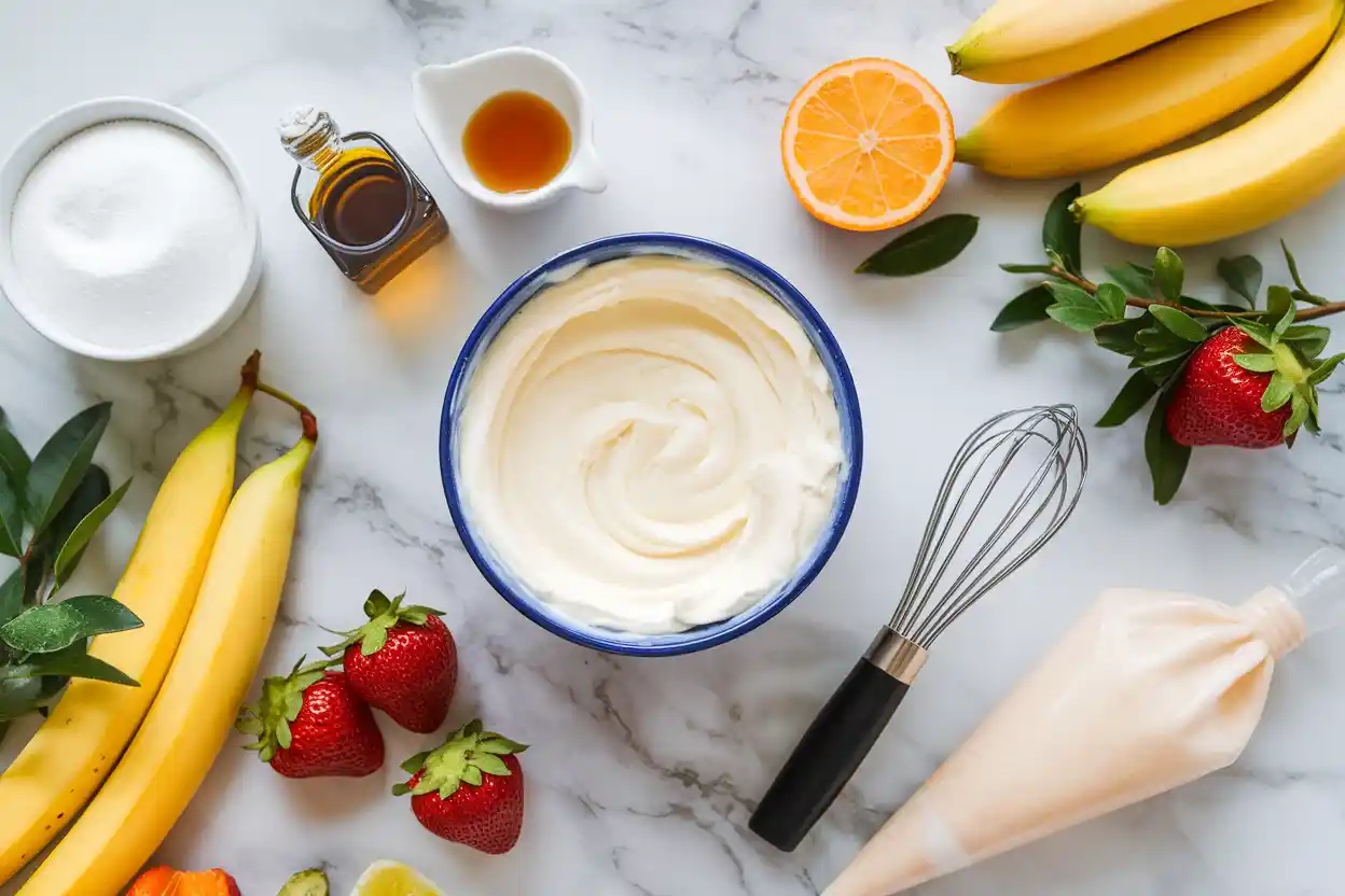 Bowl of cream cheese filling with baking tools and ingredients