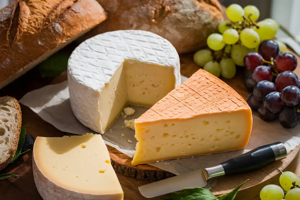 Wheel of Fontina cheese and wedge of Gruyère on a wooden board