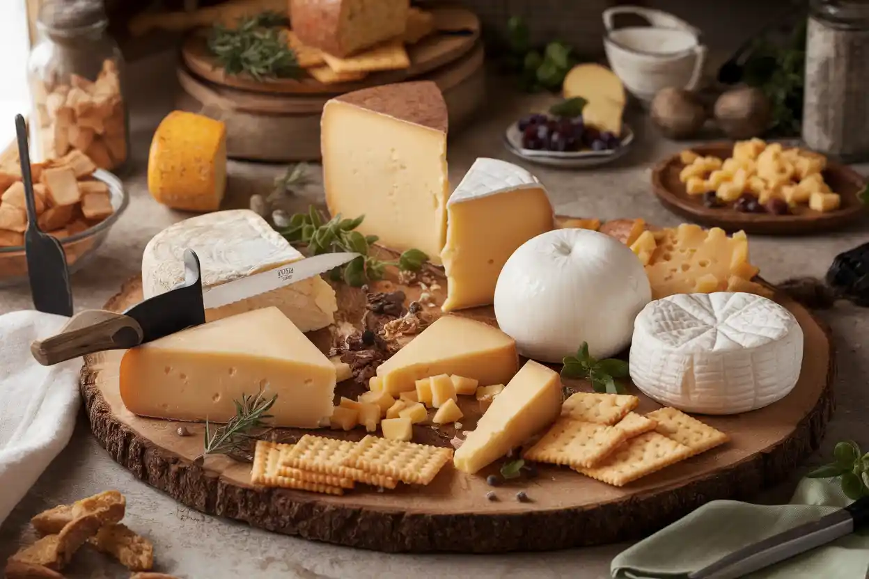 Rustic cheese board featuring Fontina and substitutes like Gruyère, Provolone, and Mozzarella.