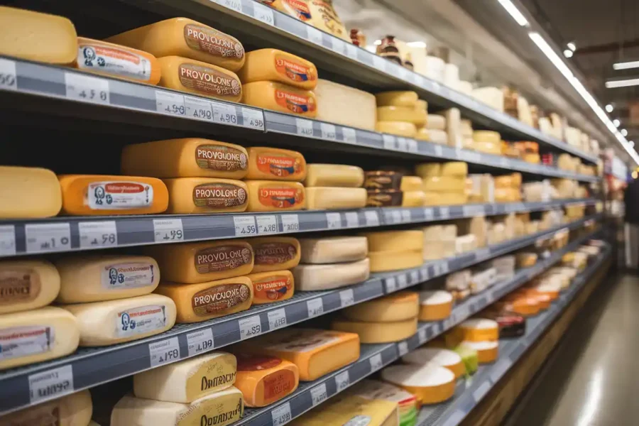 Supermarket cheese aisle with Provolone and Fontina options