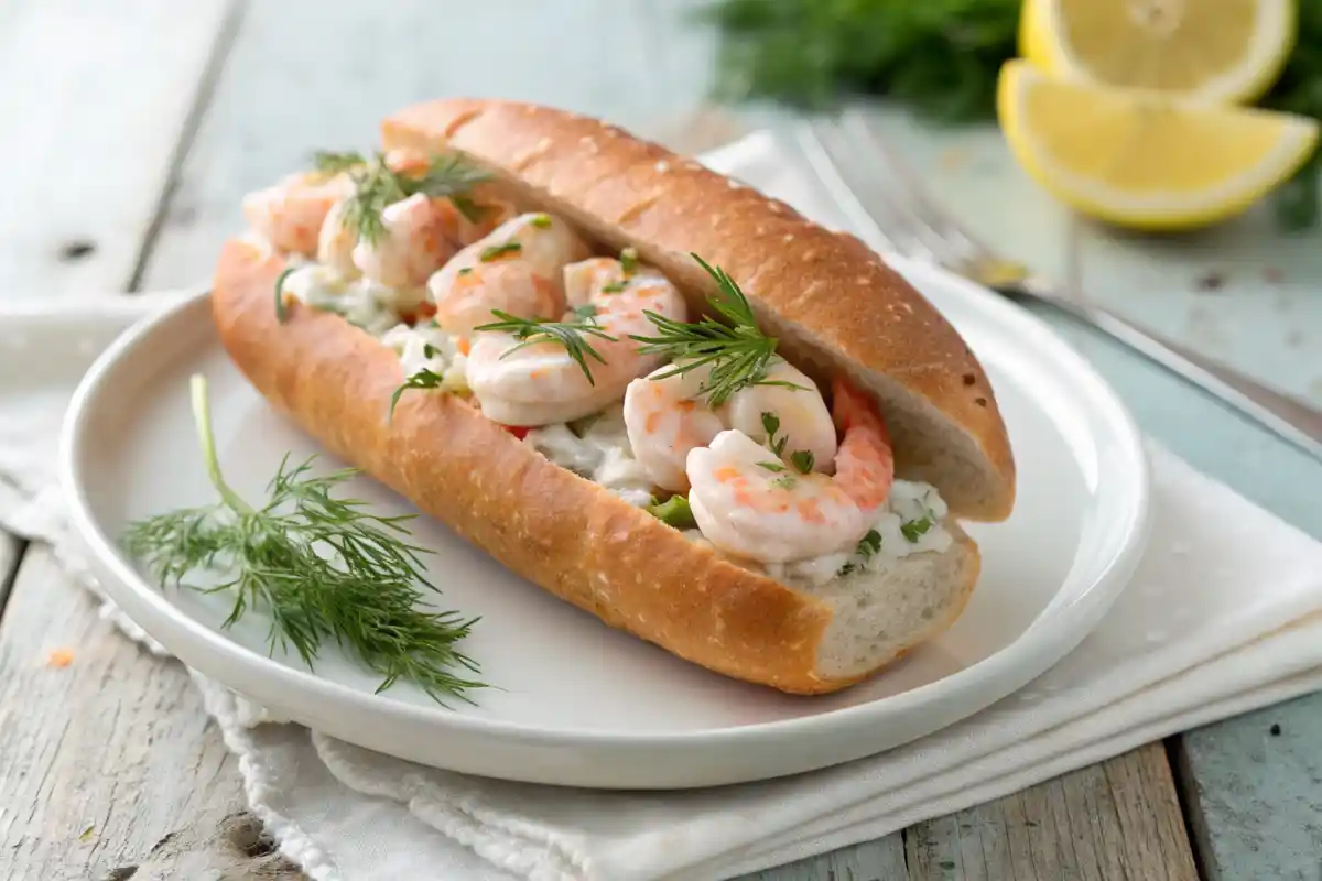 Shrimp roll served on a white plate with dill and lemon.