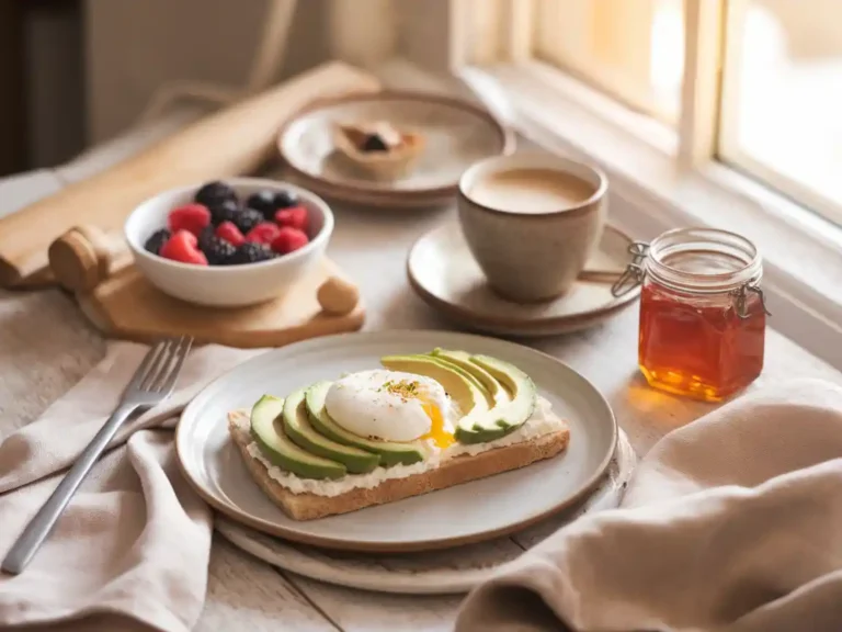 Cottage cheese flatbread with avocado and egg served as a wholesome breakfast.