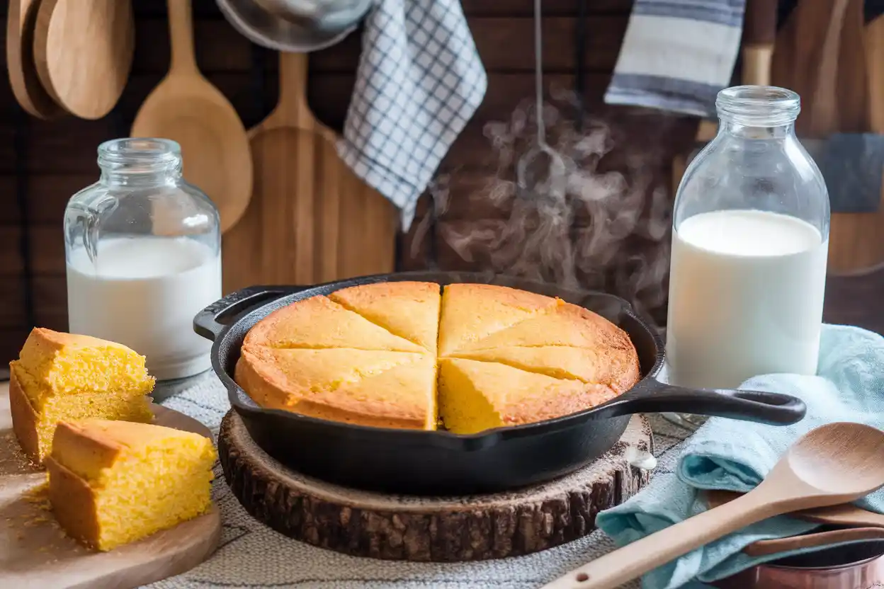 Skillet cornbread with buttermilk and milk in a rustic kitchen setting