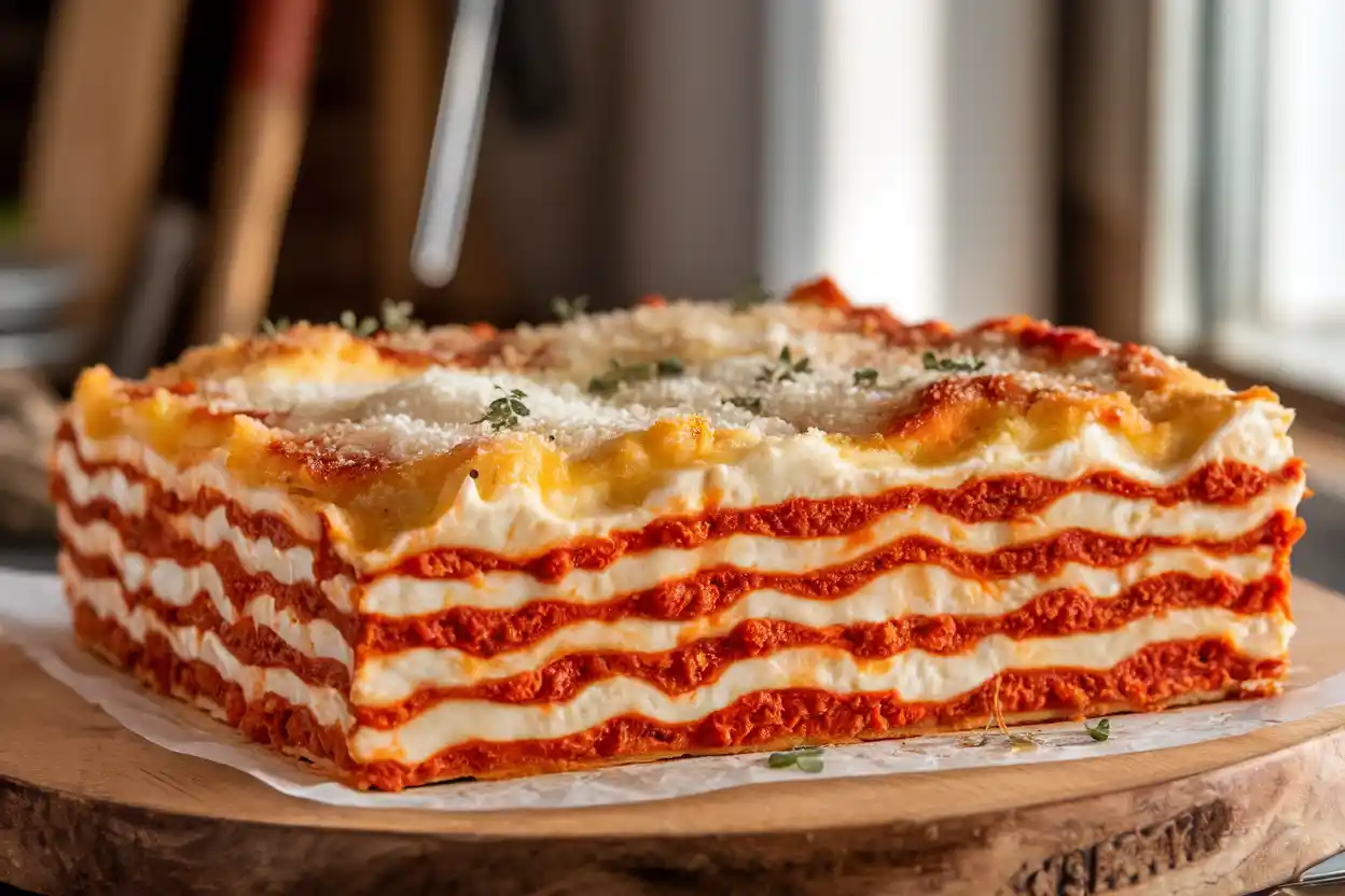 A freshly baked lasagna layered with creamy ricotta cheese, topped with a golden crust of melted mozzarella and Parmesan, served in a rustic kitchen setting with natural lighting.