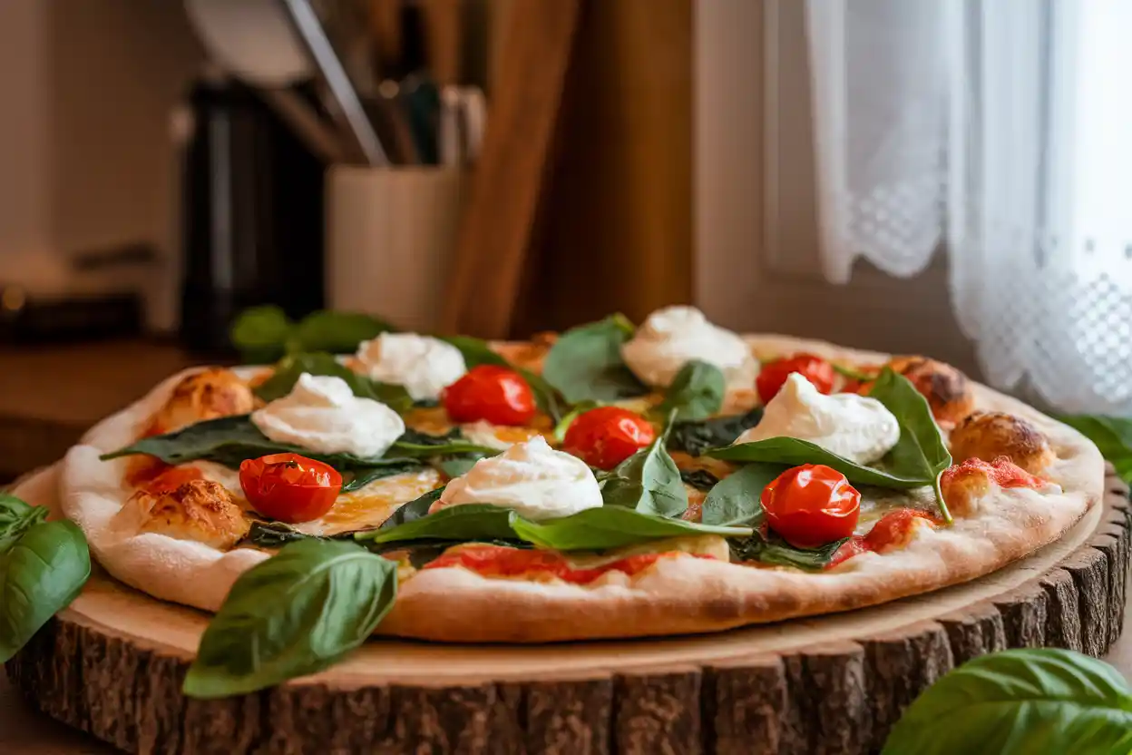 Fresh pizza with ricotta, spinach, and tomatoes.