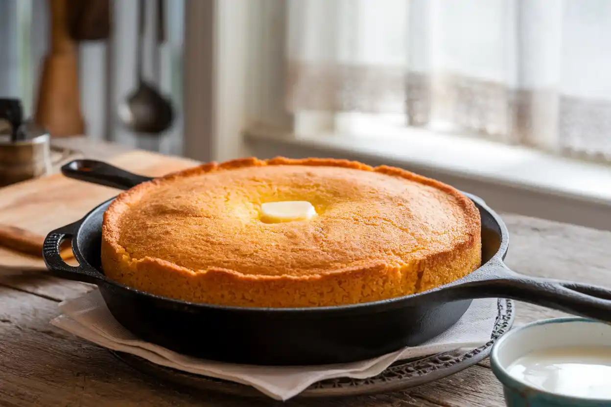 Freshly baked southern cornbread in a cast-iron skillet