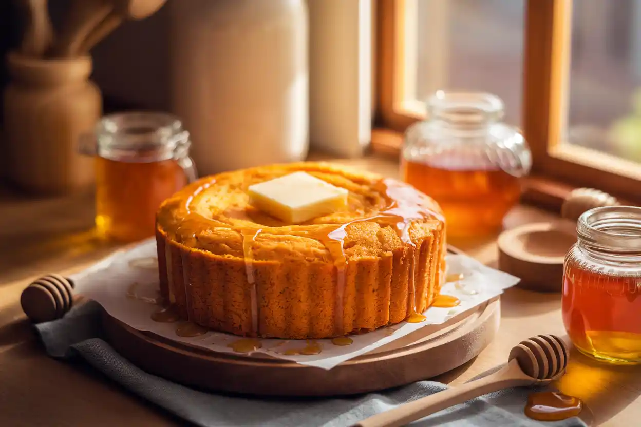 Golden honey butter cornbread in a cast iron skillet with butter on top