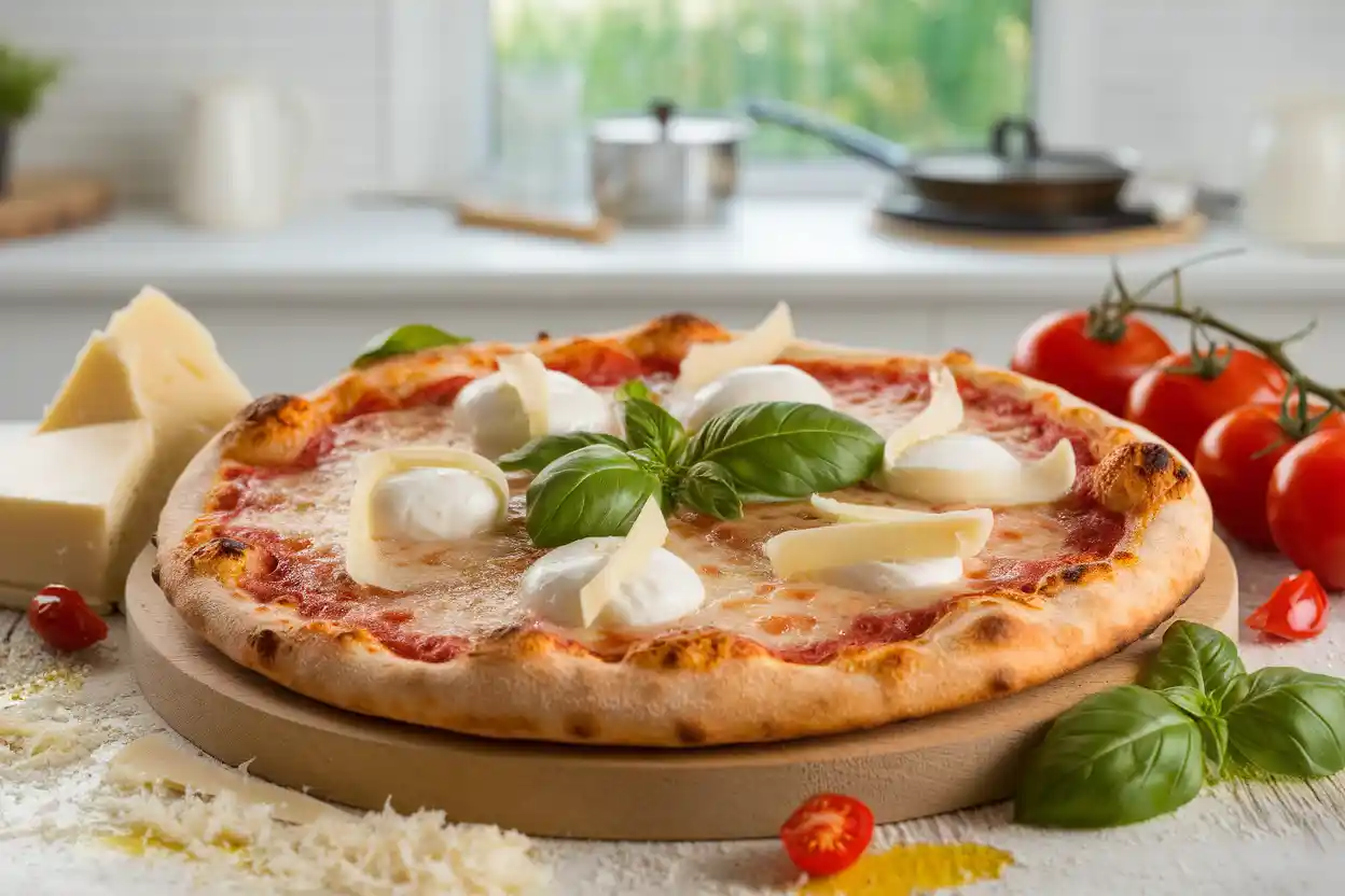 Freshly baked pizza with mozzarella, Parmesan, and basil