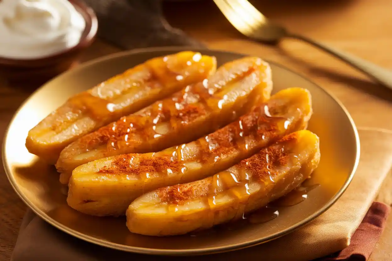 Golden fried bananas drizzled with honey and cinnamon.