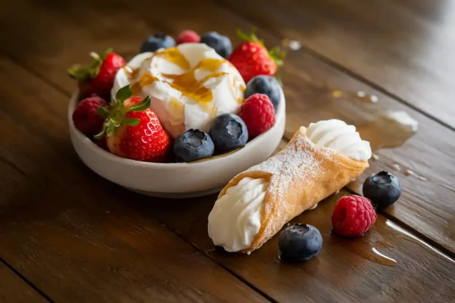 Cannoli and ricotta served with fruits and honey