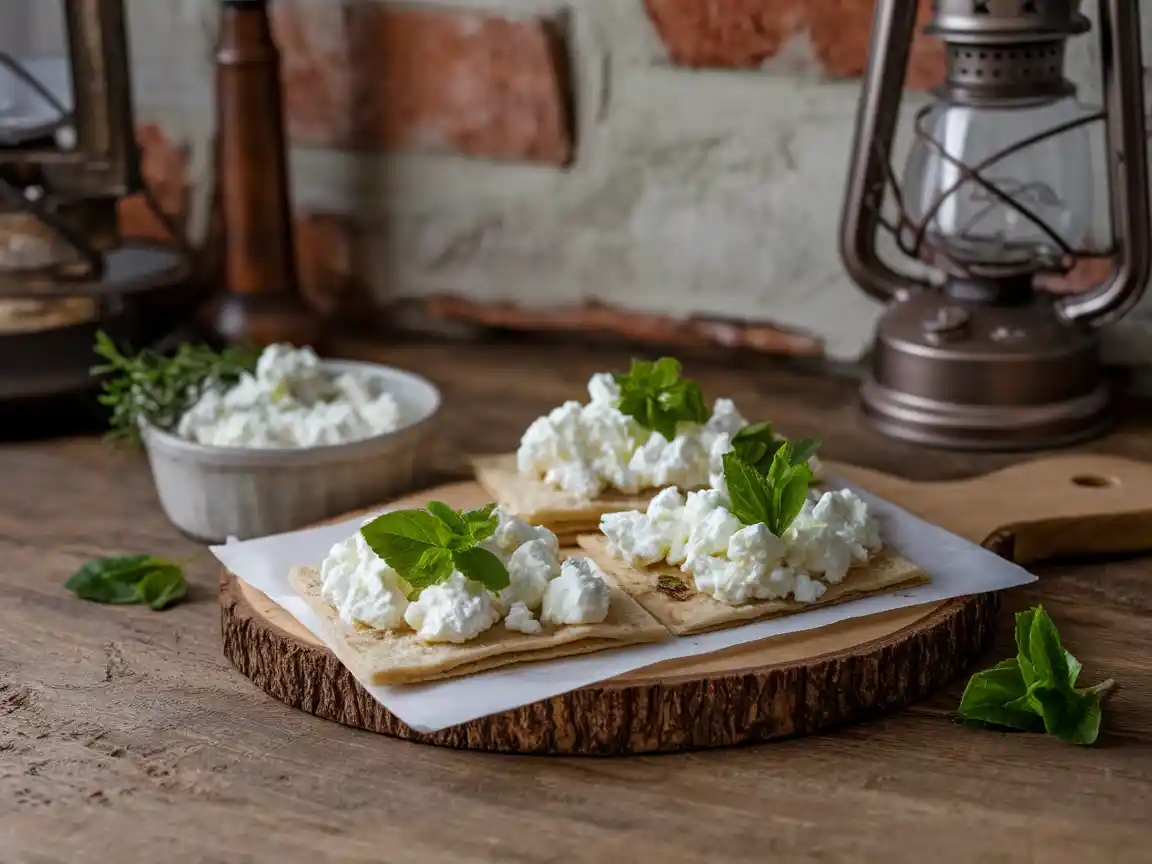 Freshly baked cottage cheese flatbread served on a wooden board with cottage cheese and herbs.