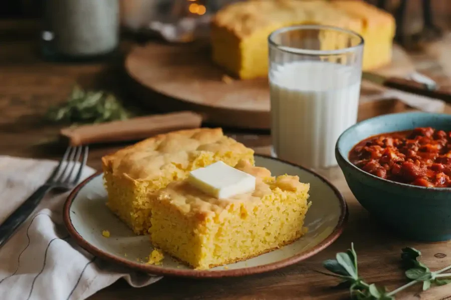 Southern-style cornbread served with chili, featuring buttermilk and milk in the background.
