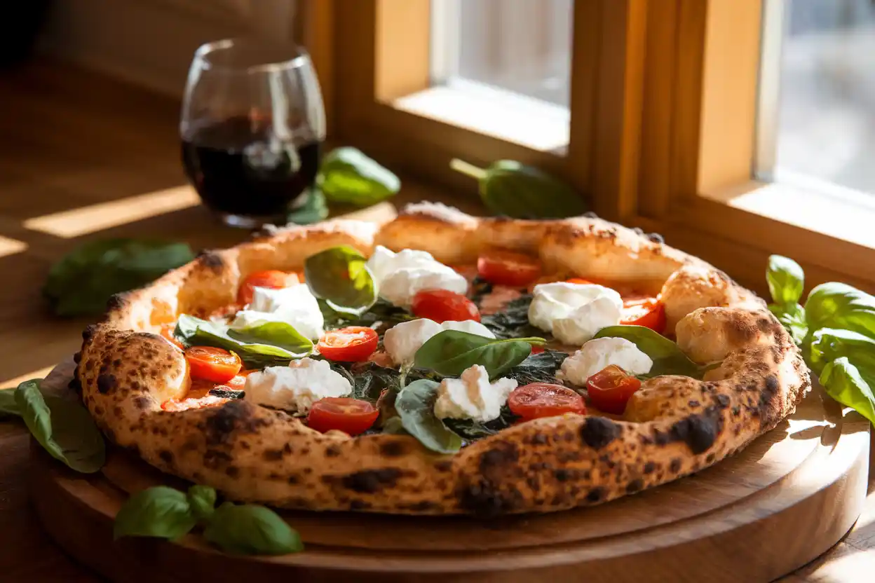 Rustic wood-fired ricotta pizza with spinach and tomatoes