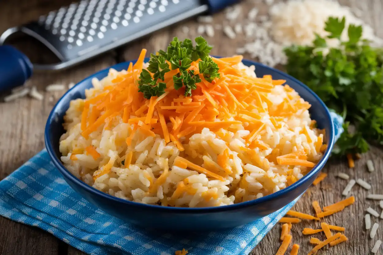 A bowl of creamy cheesy rice topped with cheddar and parsley.