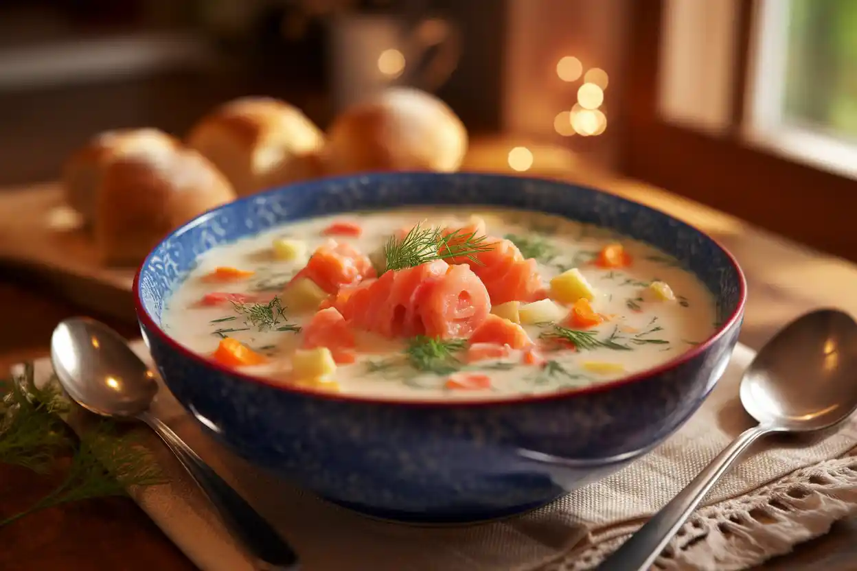 A bowl of salmon soup with tender salmon and fresh vegetables