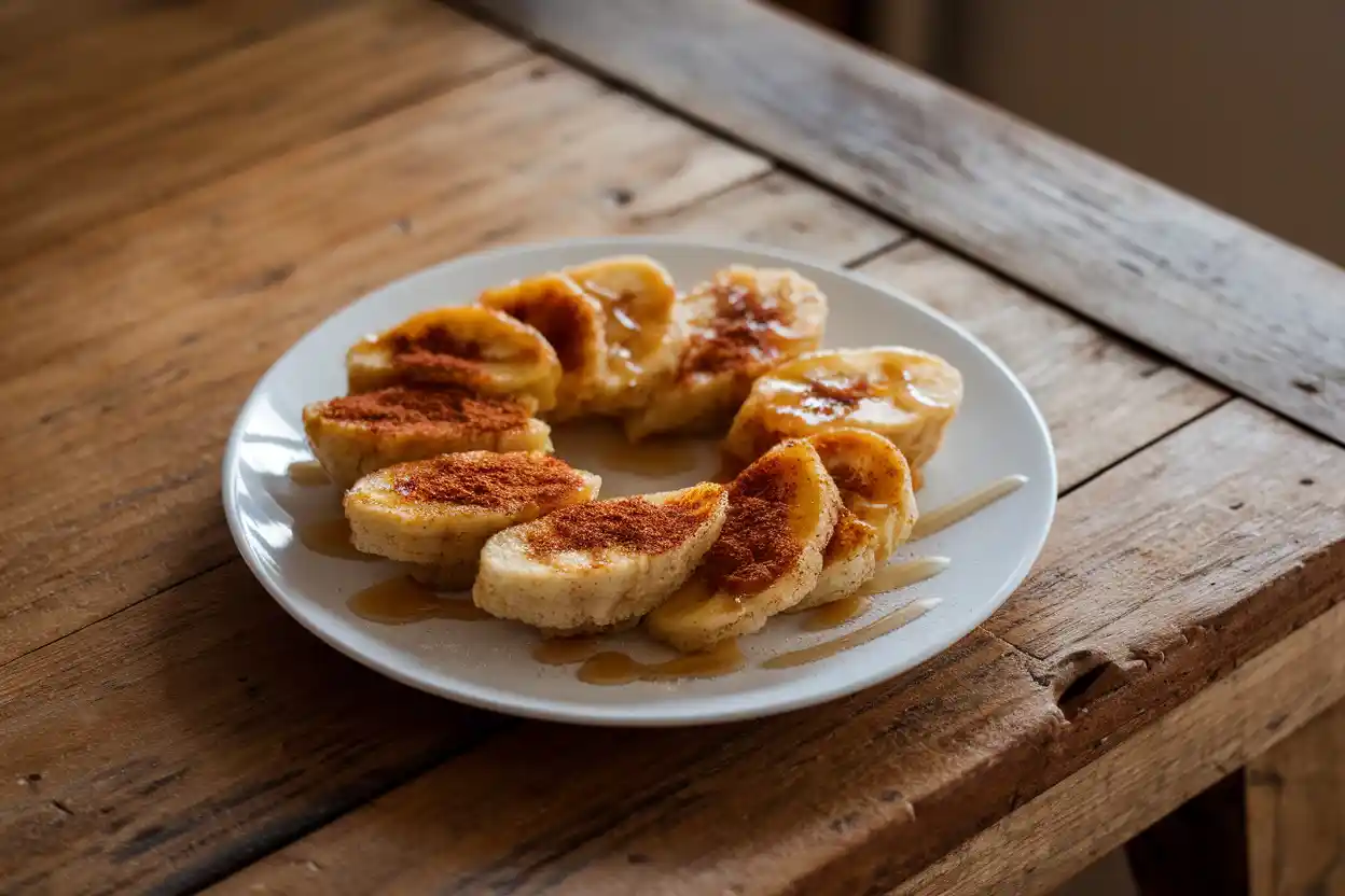 Golden fried banana slices garnished with cinnamon and honey