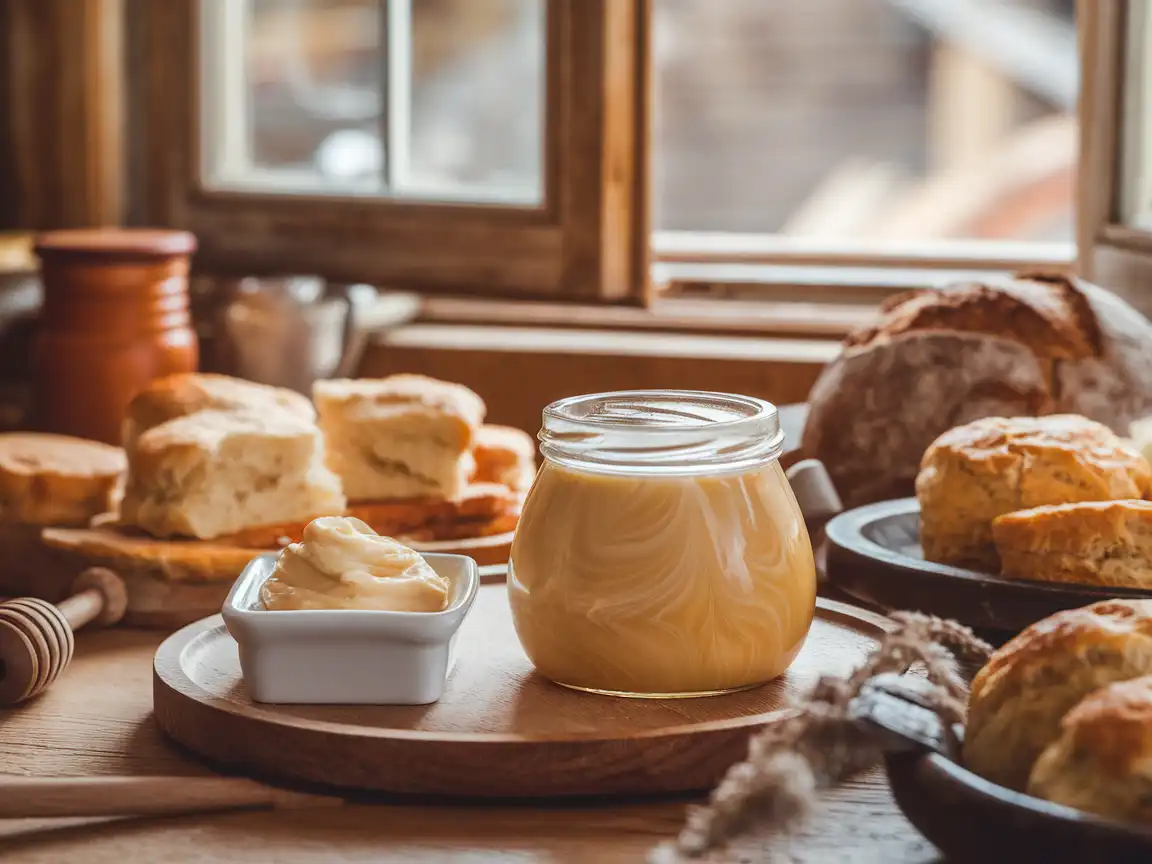 Close-up of creamed honey and honey butter on a rustic breakfast table.