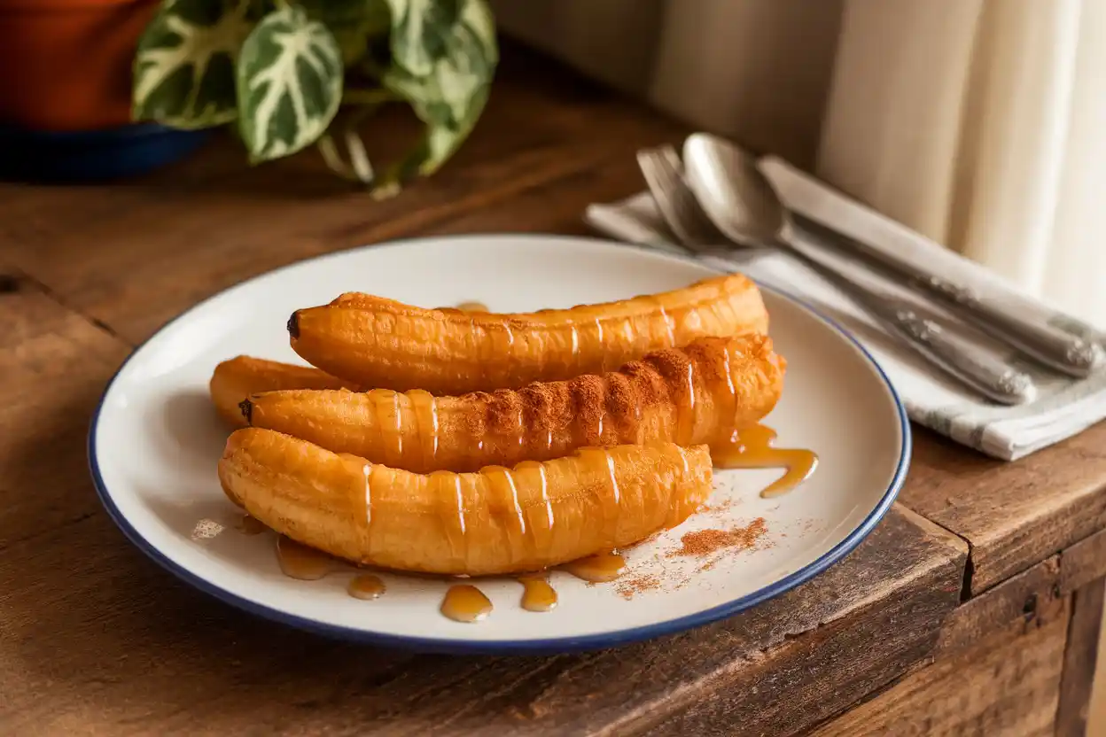 Golden fried bananas drizzled with honey and cinnamon