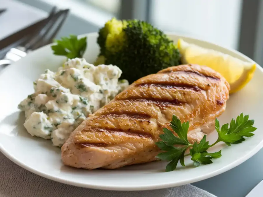 A plated keto lunch featuring a juicy grilled chicken breast paired with a side of creamy cottage cheese mixed with garlic and herbs, a small serving of steamed broccoli, and a wedge of lemon. The plate is garnished with parsley and served on a modern table setting with soft, natural light highlighting the textures.