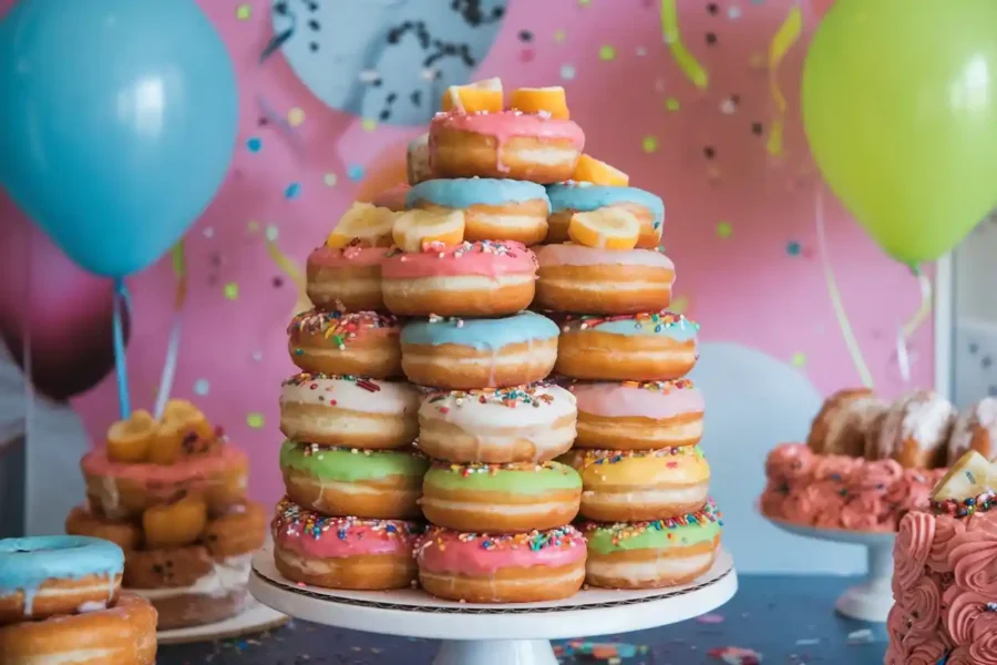 A festive tiered donut cake with colorful glazes and sprinkles on a white cake stand