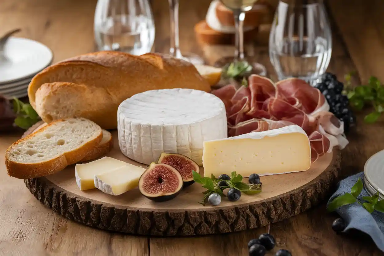 Rustic cheese board featuring Fontina with figs, bread, and prosciutto