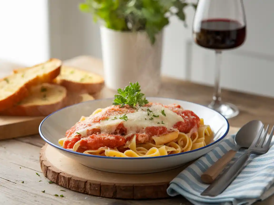 Chicken Parmesan Pasta Served with Garlic Bread and Wine