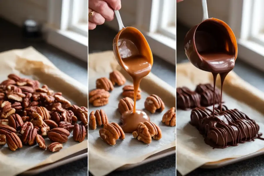 Step-by-step process of making homemade Turtles candy