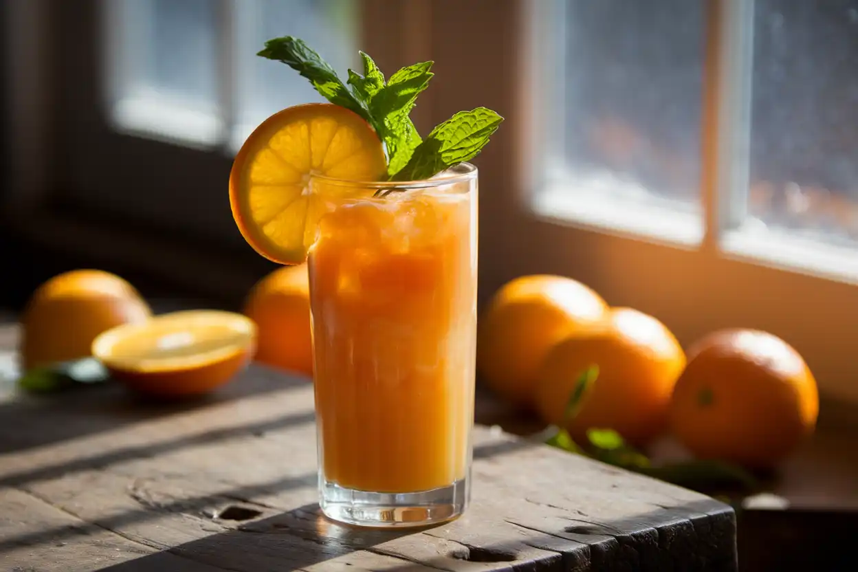 Refreshing Orange Crush cocktail garnished with mint and fresh oranges