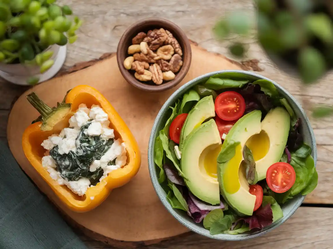 A vibrant keto-friendly lunch table with stuffed bell peppers, avocado salad, and a bowl of mixed nuts