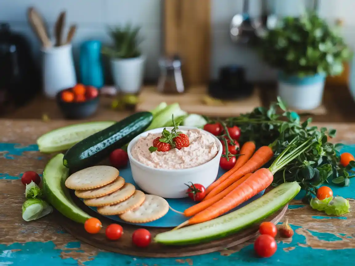 Creamy cottage cheese dip with vegetables and crackers