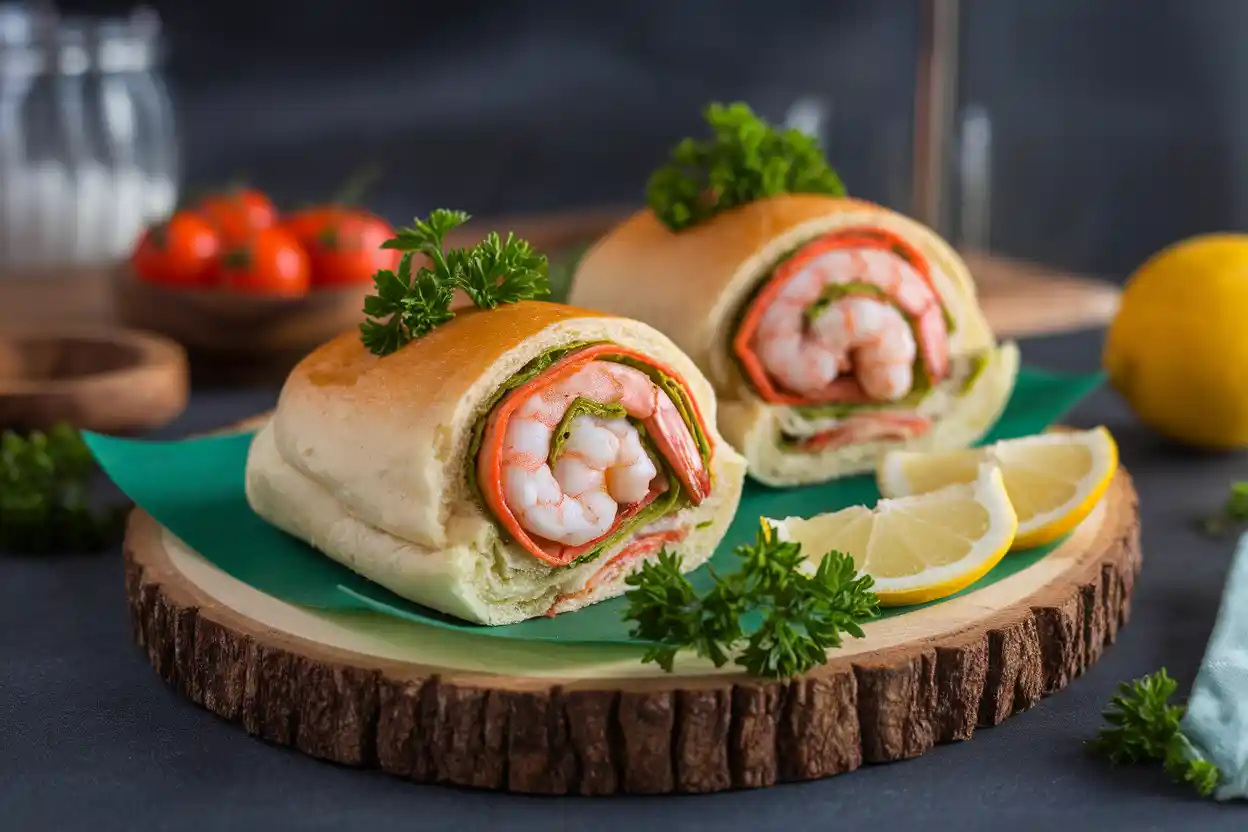 A shrimp roll wrapped perfectly in a toasted bun.