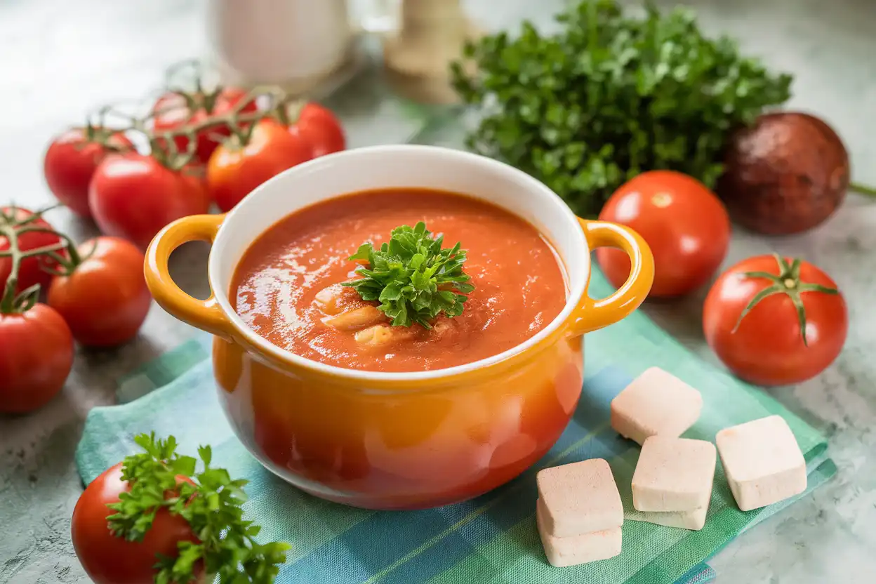 Steaming pot of tomato soup with tomato bouillon cubes on a kitchen countertop"