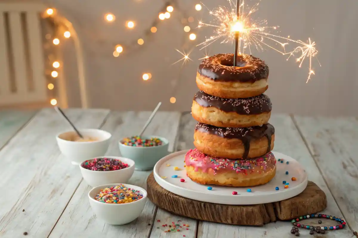 Three-tiered donut cake with glazed and chocolate donuts