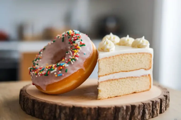 Freshly fried donut and slice of vanilla cake on a wooden board