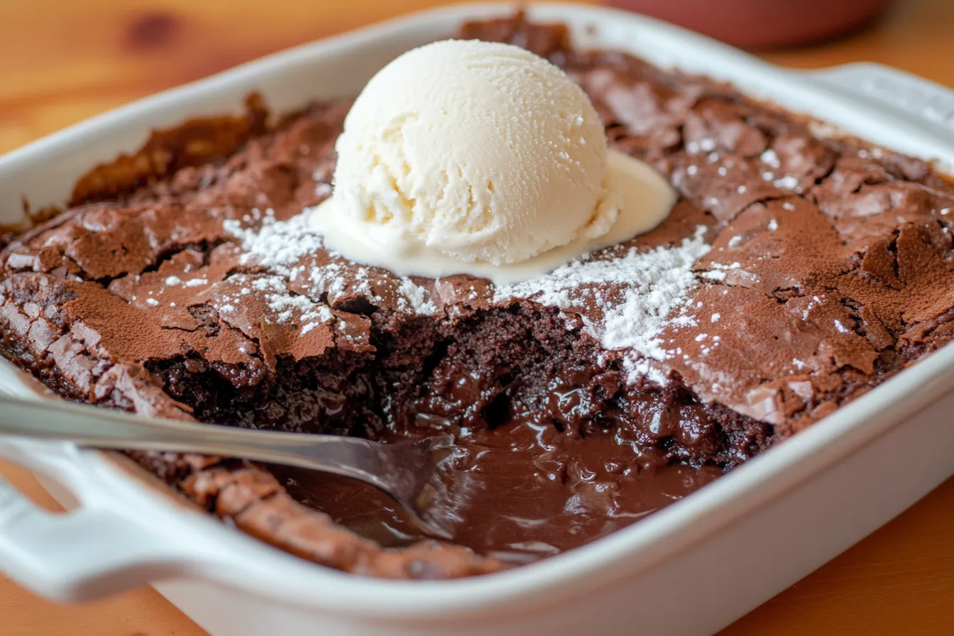 Warm chocolate cobbler with vanilla ice cream