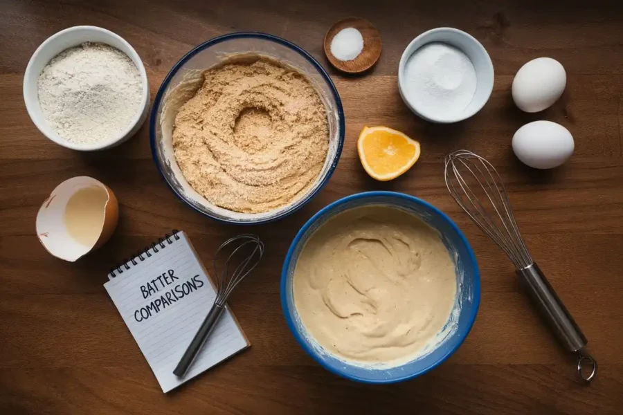 Side-by-side comparison of thick donut batter and smooth cake batter in mixing bowls.