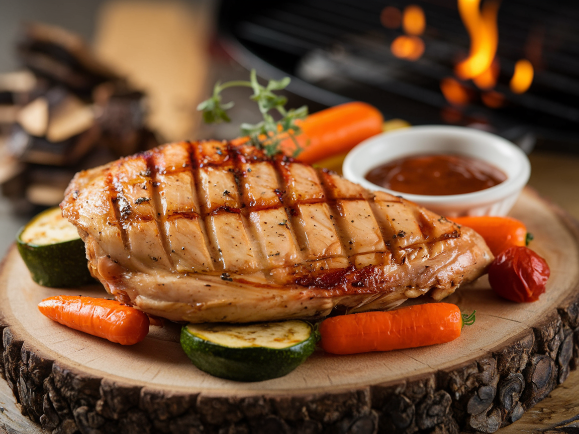 Smoked chicken breast served juicy and tender, seasoned with spices and infused with rich smoky flavor from a smoker.